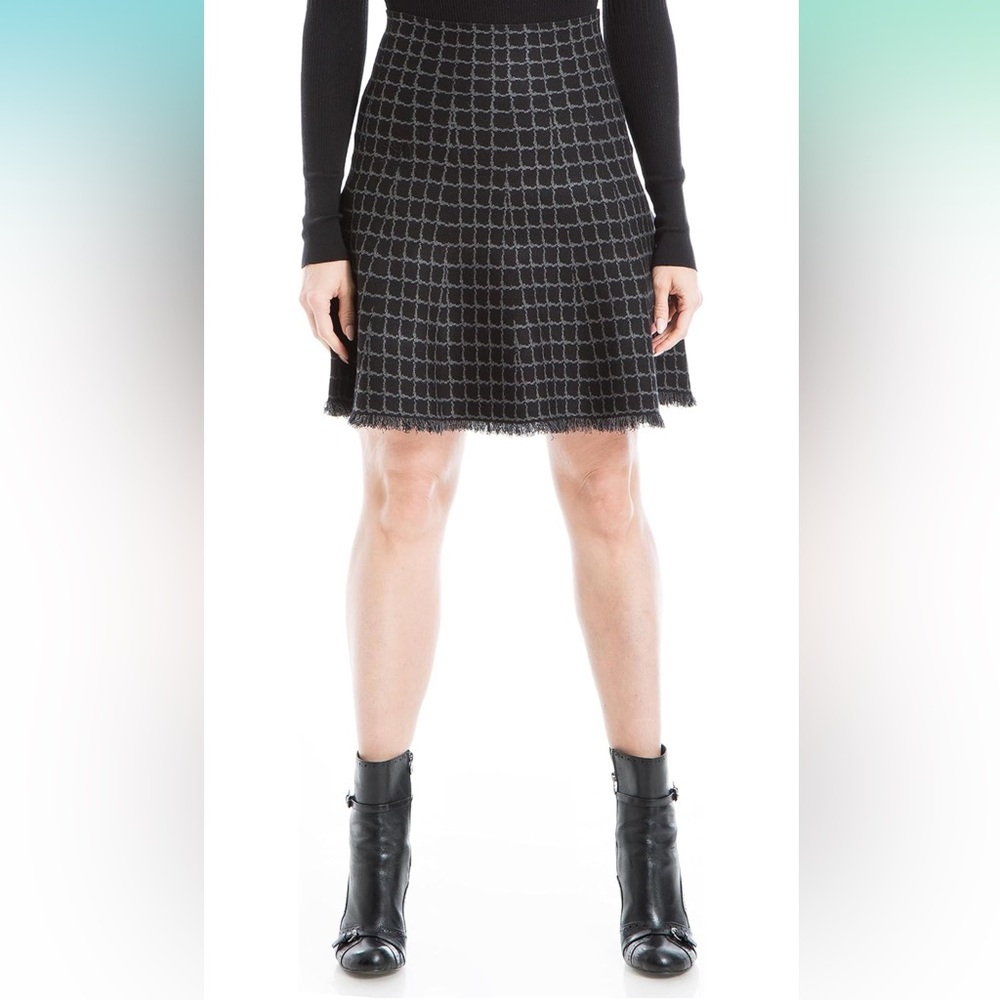 Max Studio Women's High Waisted Short Flared Sweater Skirt with Frayed Hem
